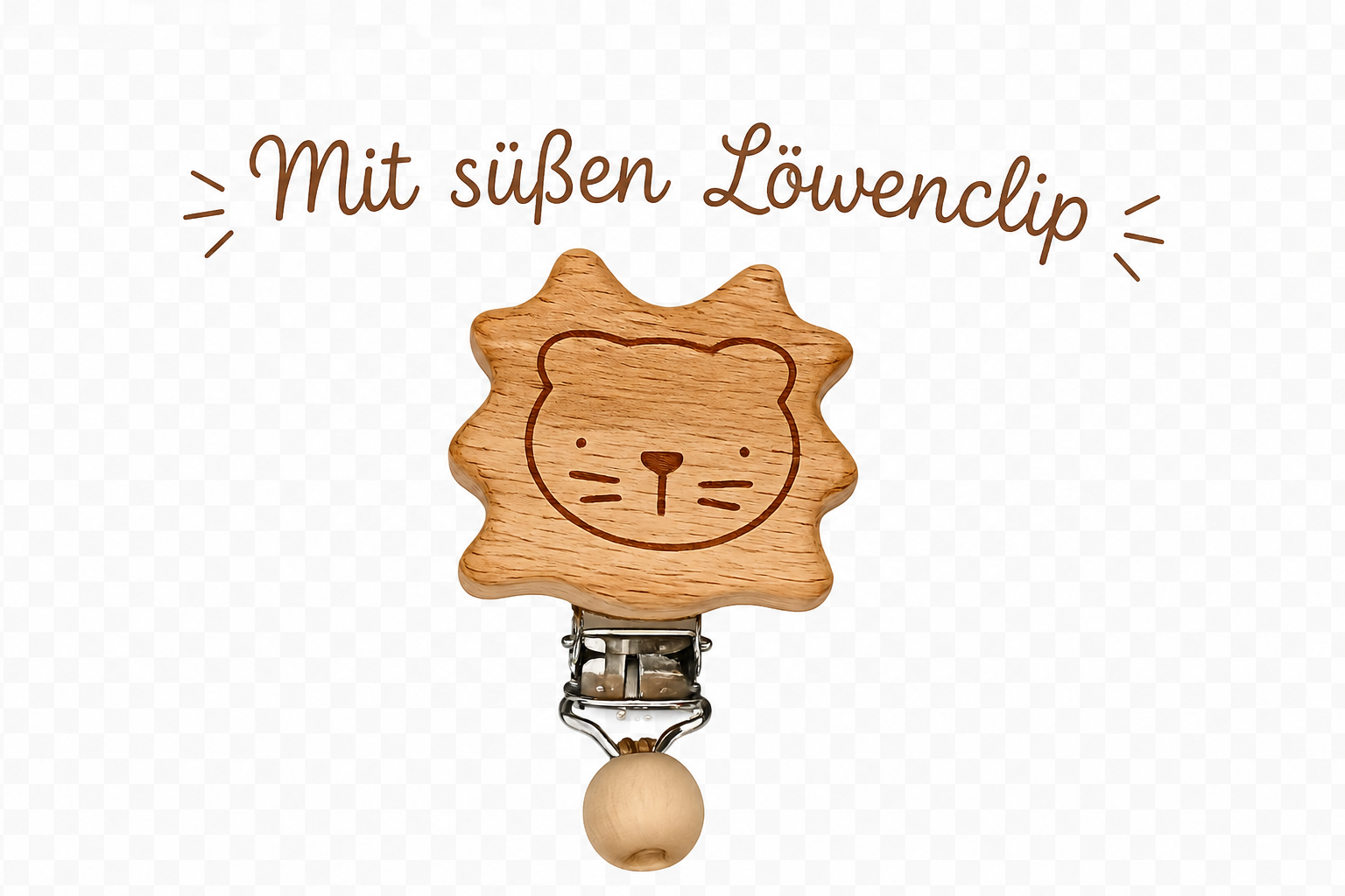 Personalisierte Schnullerkette mit Namen für Jungen - Löwe - Silikon & Holz - Braun Weiß