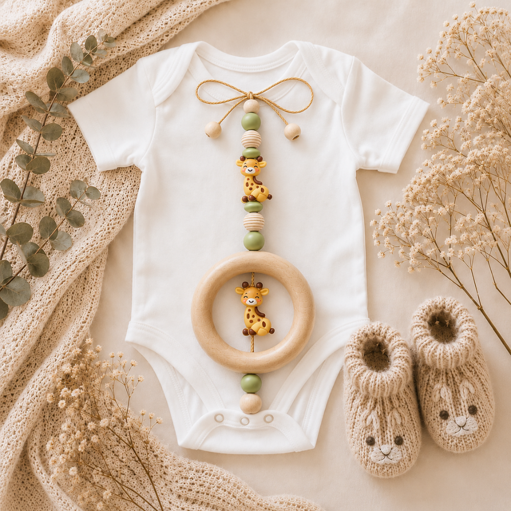 Babyschalenanhänger mit süßer Giraffe – Grün & Naturholz - Babygeschenk