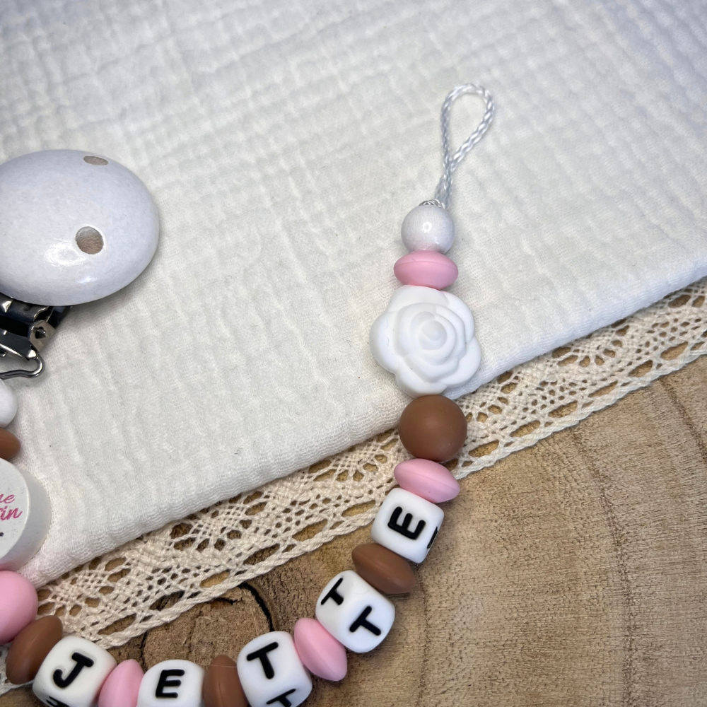 Schnullerkette mit Namen - personalisiert - Kleine Prinzessin - rosa braun weiß - Geschenk zur Geburt, Taufe, oder Babyparty