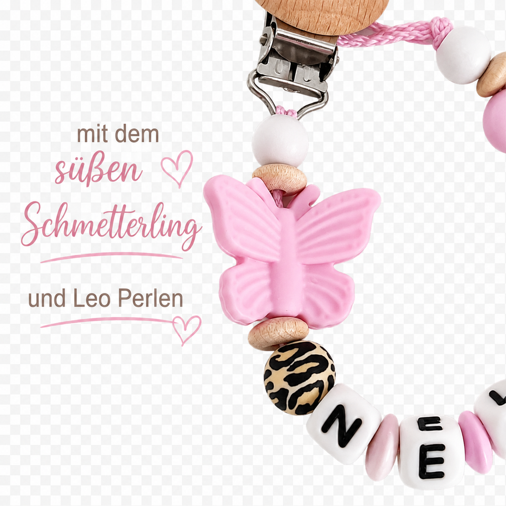 Schnullerkette mit Namen in Leo Design - Baby Mädchen - Babygeschenk