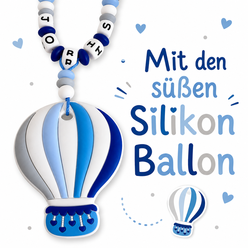 Personalisierte Kinderwagenkette Heißluftballon mit Namen | Blau Grau Weiß
