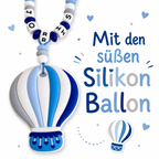 Personalisierte Kinderwagenkette Heißluftballon mit Namen | Blau Grau Weiß