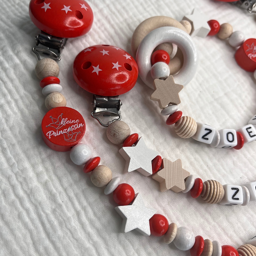 3er Set – Schnullerkette, Greifling & Kinderwagenkette mit Name - Mädchen - Kleine Prinzessin