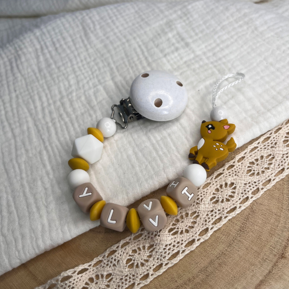 3er Set – Personalisierte Schnullerkette, Greifling & Kinderwagenkette - Reh - Baby Junge Mädchen