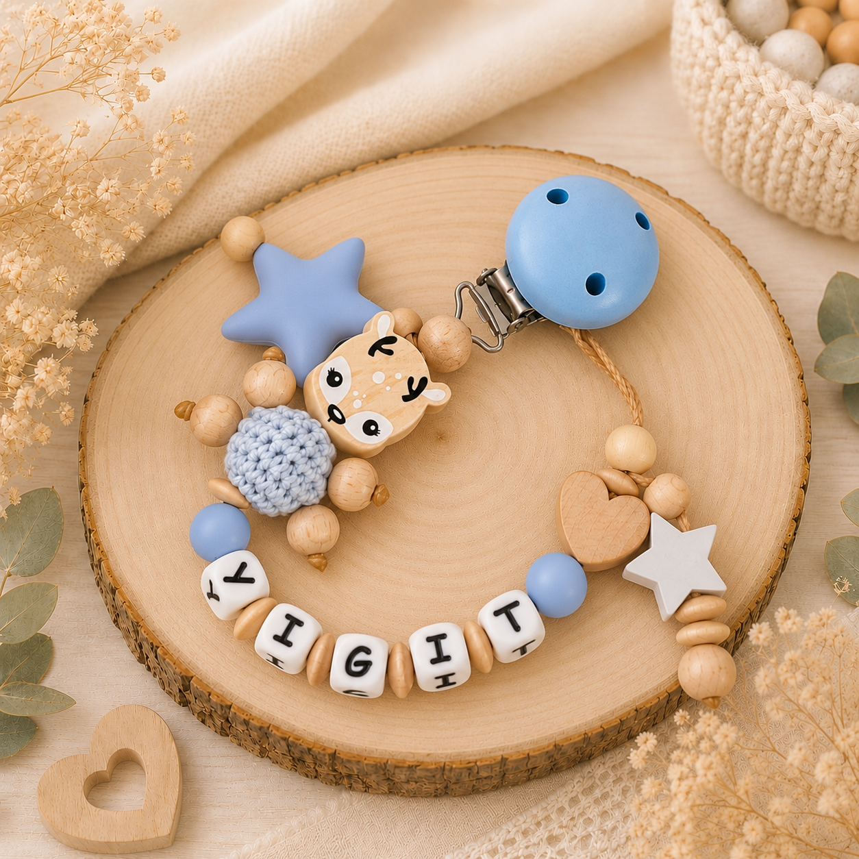 Personalisierte Schnullerkette mit Namen -Reh -Baby Junge -Geschenk