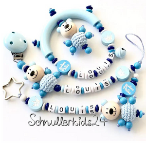 3-teiliges Set Schnullerkette,Greifling und Namensanhänger mit Namen süßes Babygeschenk zur Geburt oder Taufe