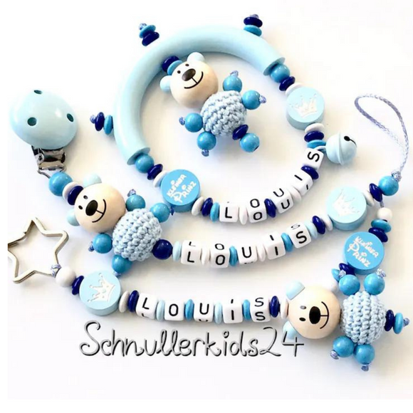 3-teiliges Set Schnullerkette,Greifling und Namensanhänger mit Namen süßes Babygeschenk zur Geburt oder Taufe