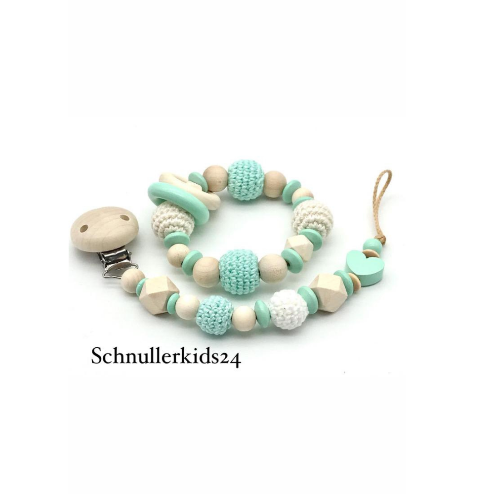 2teiliges Sparset - Schnullerkette + Greifling - Mint/Natur, Häkelperle, Hexagon