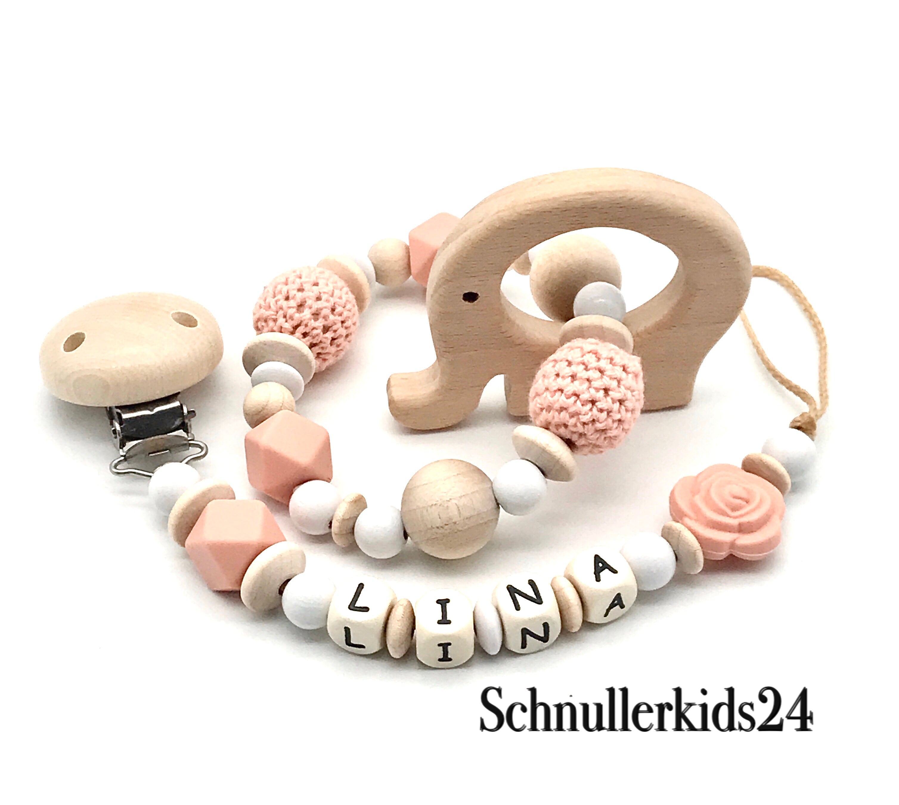 2teiliges Sparset - Schnullerkette + Greifling - Aprikose, Häkelperlen, Hexagon + Holz Elefant, Geschenk zur Geburt/Taufe