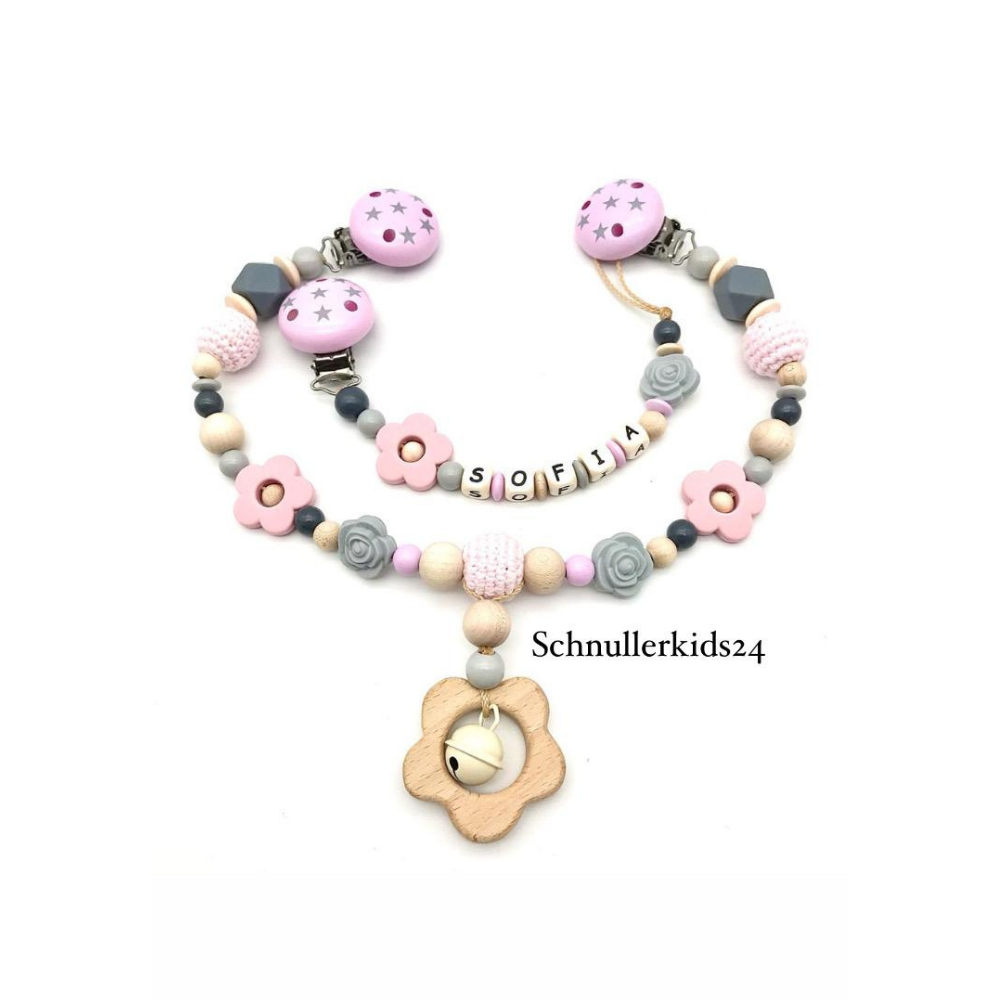 2teiliges Sparset - Schnullerkette + Kinderwagenkette - Grau/Baby Rosa, Blume + Häkelperle