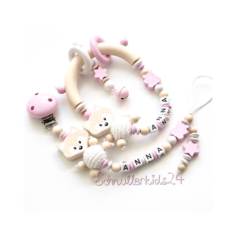 2teiliges Sparset - Schnullerkette + Greifling - Natur/Babyrosa + Teddy