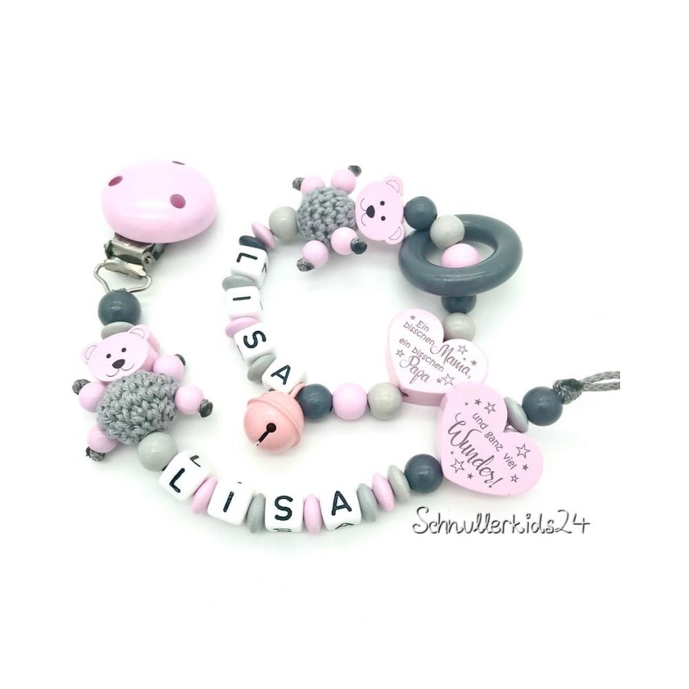 2teiliges Sparset - Schnullerkette + Greifling - Babyrosa/Grau + Teddybär