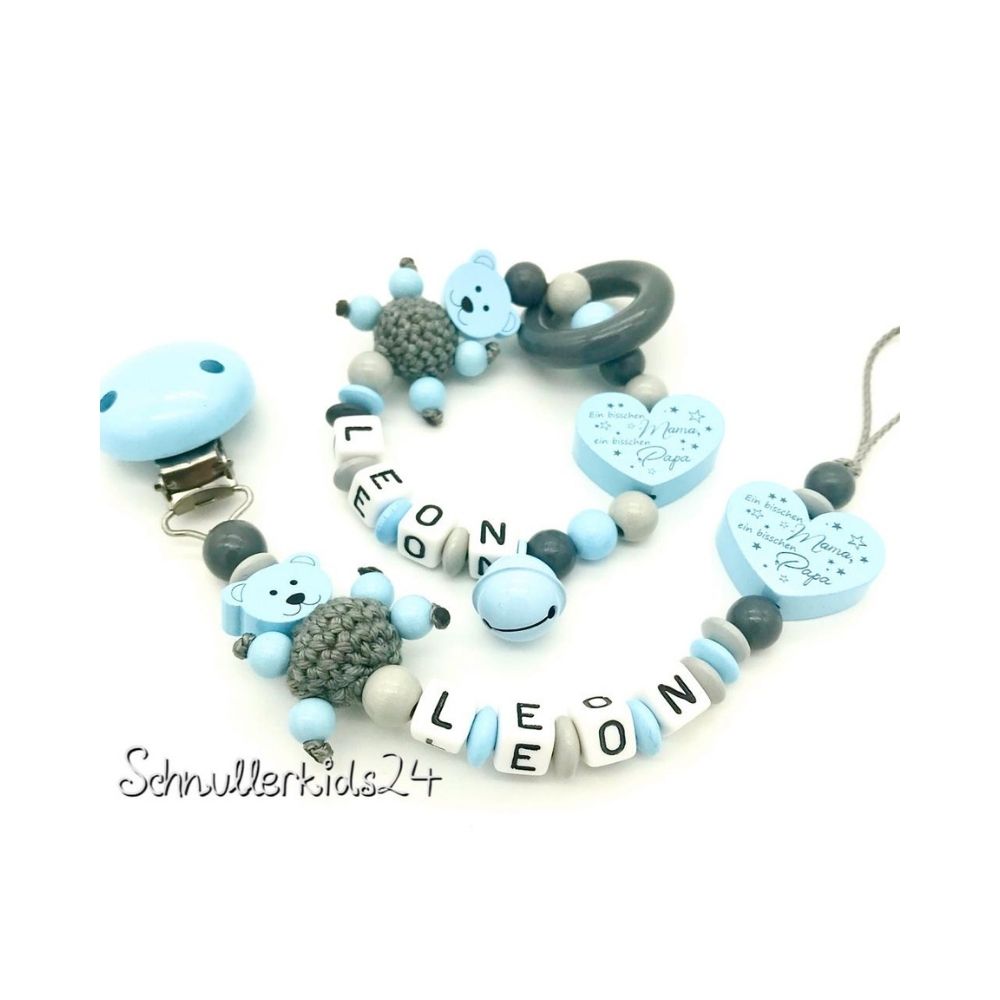 2teiliges Sparset - Schnullerkette + Greifling - Babyblau/Grau + Teddybär, Geschenk zur Taufe/Geburt