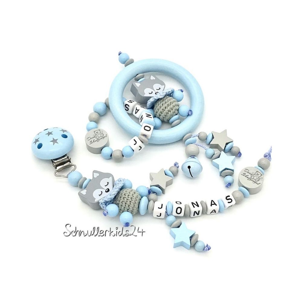 2teiliges Sparset - Schnullerkette + Greifling - Babyblau/Grau + Fuchs, Geschenk zur Taufe/Geburt