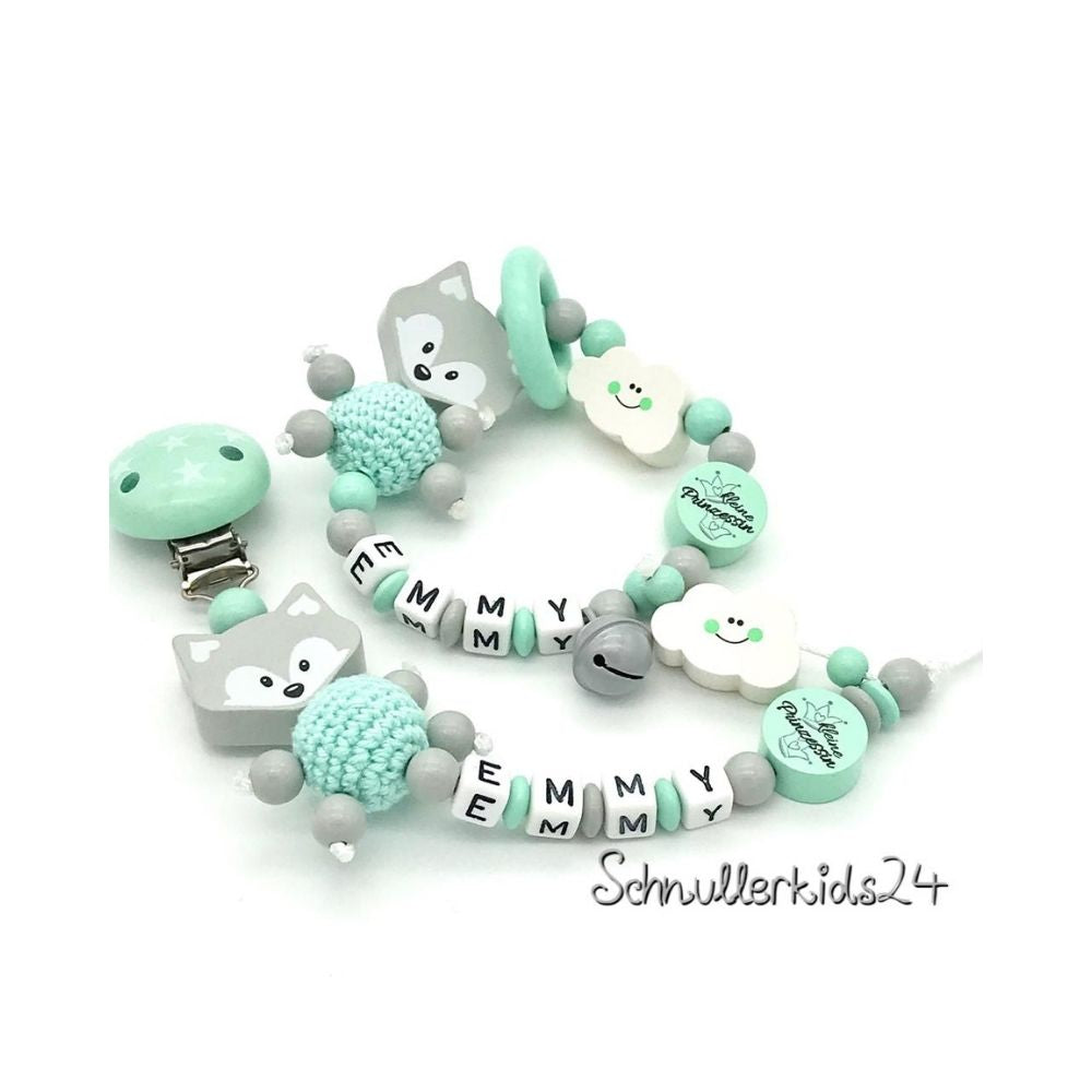 2teiliges Sparset - Schnullerkette + Greifling - Mint/Grau + Fuchs