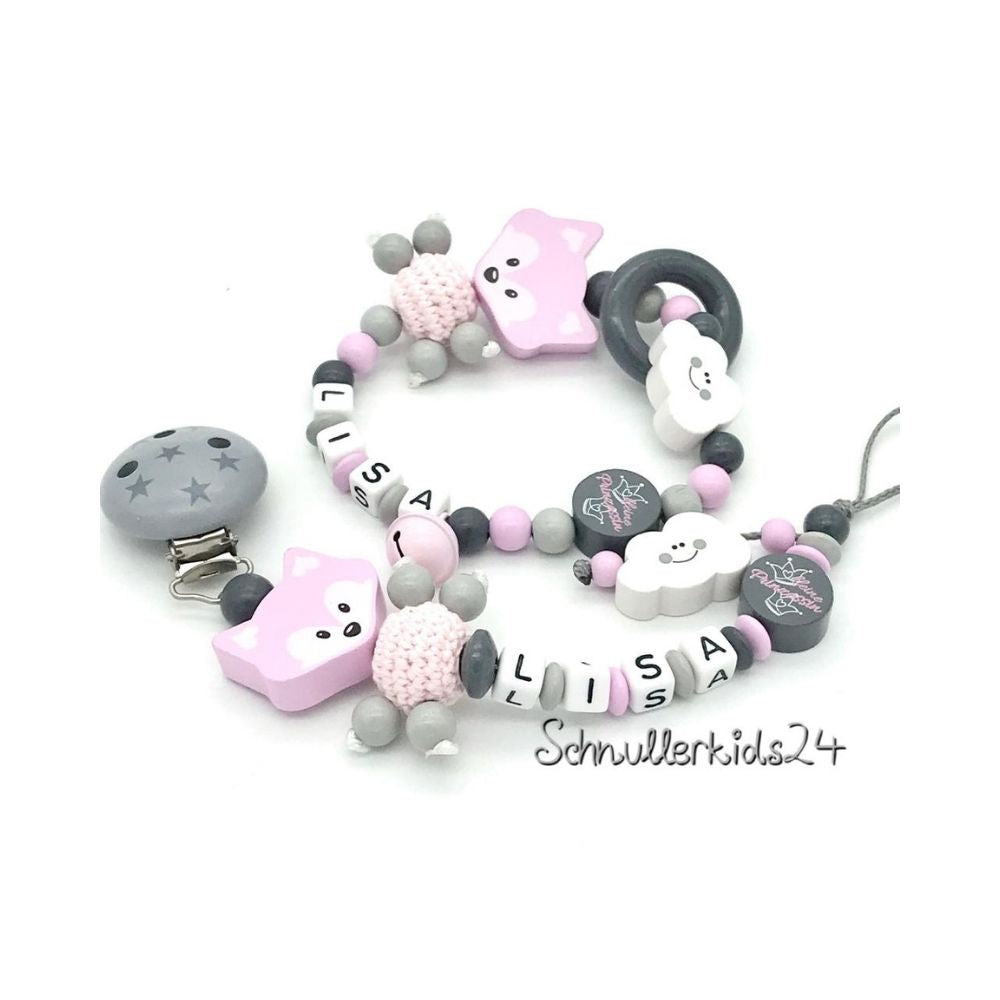 2teiliges Sparset - Schnullerkette + Greifling - Babyrosa/Grau + Kleine Prinzessin, Geschenk zur Taufe/Geburt