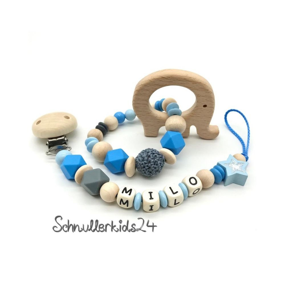 2teiliges Sparset - Schnullerkette + Greifling - Natur/Blau/Grau + Holz-Elefant