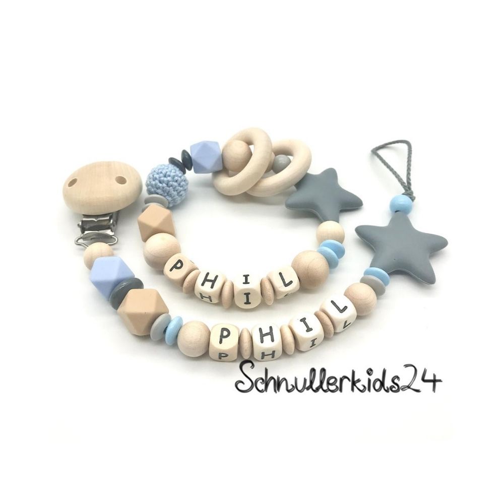 2teiliges Sparset - Schnullerkette + Greifling - Natur/Babyblau + Silikon-Stern
