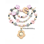 3teiliges Sparset - Schnullerkette + Greifling + Kinderwagenkette - Aprikose + Holz Elefant
