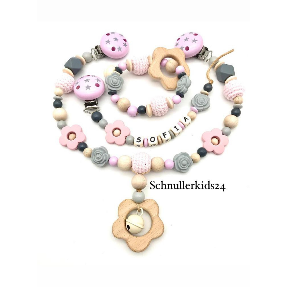 3teiliges Sparset - Schnullerkette + Greifling + Kinderwagenkette - Aprikose + Holz Elefant