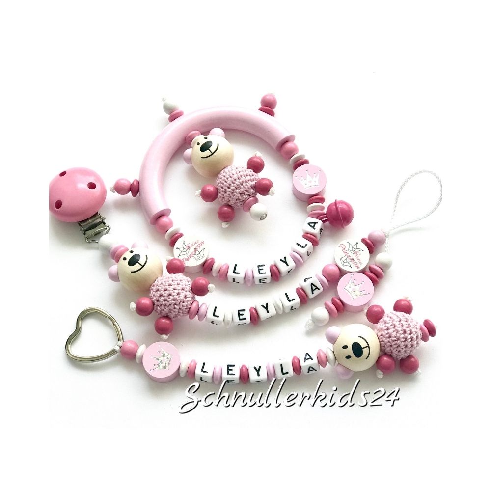 3teiliges Sparset - Schnullerkette + Greifling + Schlüsselanhänger - Rosa + Teddybär