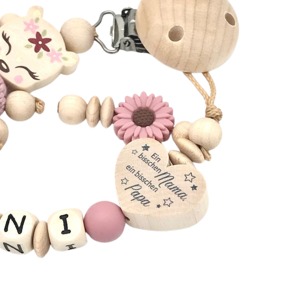 Schnullerkette mit Namen und Reh, Herz Mama und Papa und viel Wunder Schnullerhalter für Mädchen in wunderschöne Farben Geschenk Geburt Baby