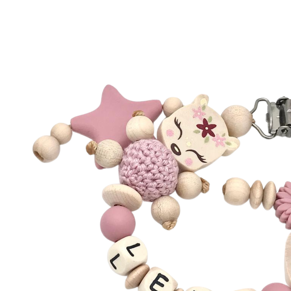 Schnullerkette mit Namen und Reh, Herz Mama und Papa und viel Wunder Schnullerhalter für Mädchen in wunderschöne Farben Geschenk Geburt Baby