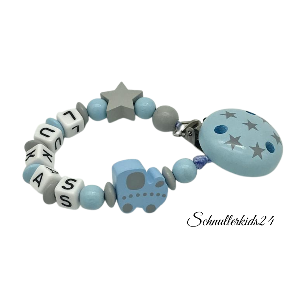 Schnullerkette mit Namen Junge Lokomotive Blau Grau