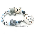 Schnullerkette mit Namen Junge Teddy / Bär Häkelperle Lok Blau / Grau Geburt Taufe Babygeschenk Babyparty