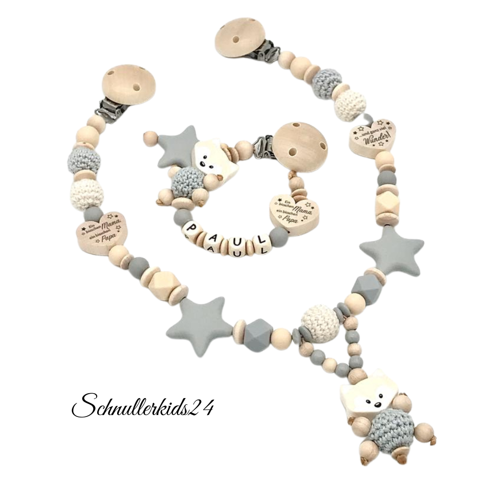 Kinderwagenkette Wagenkette einzeln oder als Spar Set Grau natur Holz Fuchs für Jungen und Mädchen