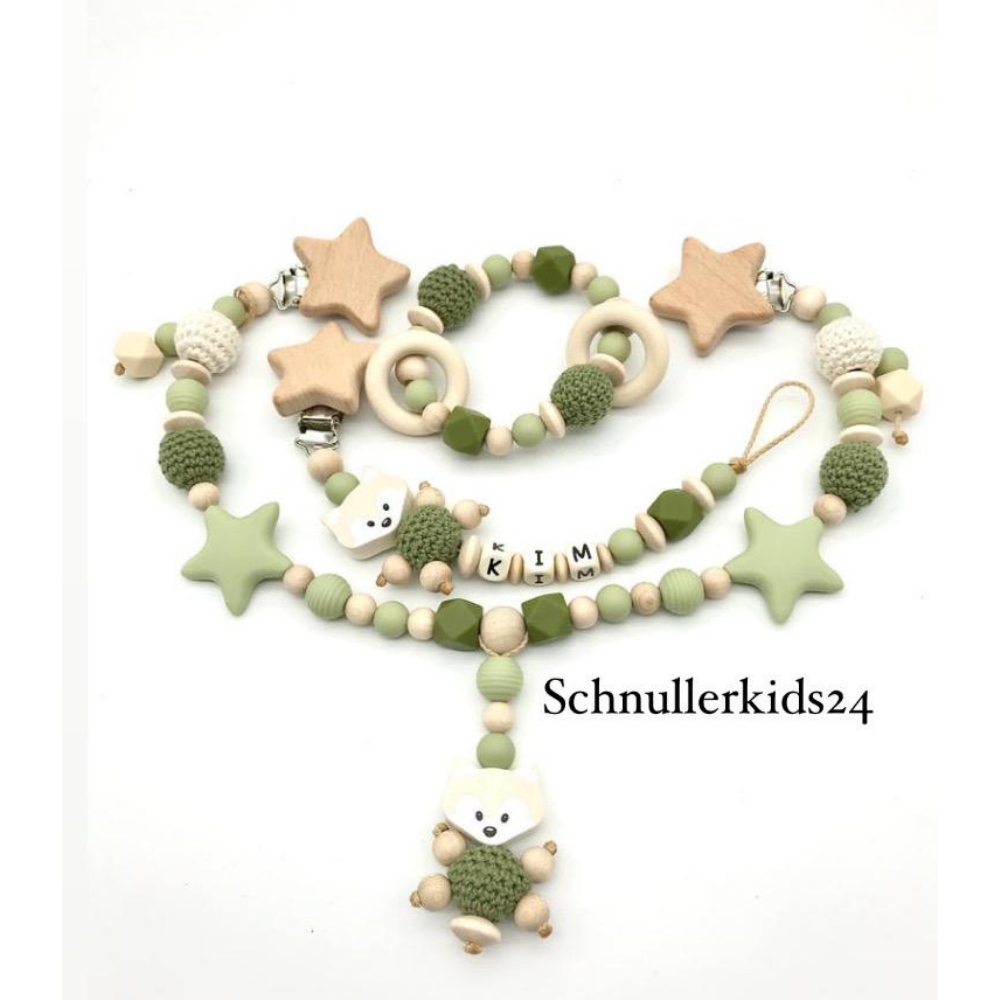 3teiliges Sparset - Schnullerkette + Greifling + Kinderwagenkette - Aprikose + Holz Elefant