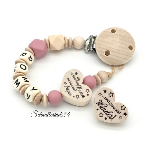 Schnullerkette mit Name Mädchen Herz Mama Papa Wunder Holz Mädchen Junge