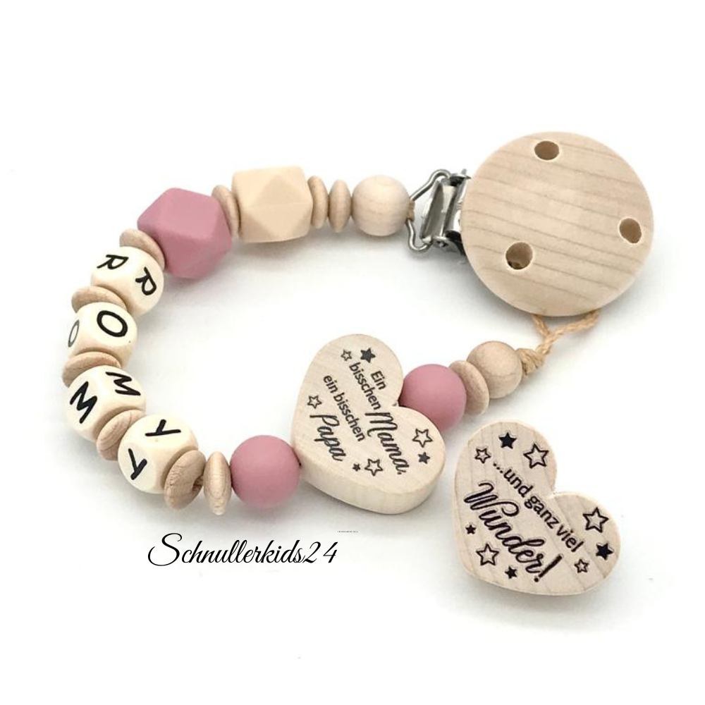Schnullerkette mit Name Mädchen Herz Mama Papa Wunder Holz Mädchen Junge