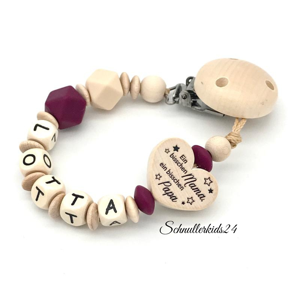 Schnullerkette mit Name Mädchen Herz Mama Papa Wunder Holz Mädchen Junge