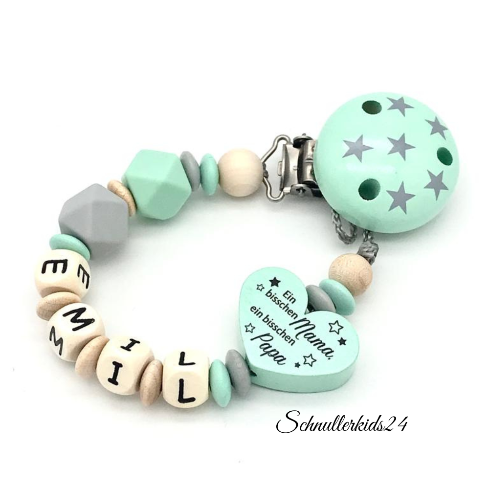 Schnullerkette mit Name Mädchen Herz Mama Papa Wunder Holz Mädchen Junge
