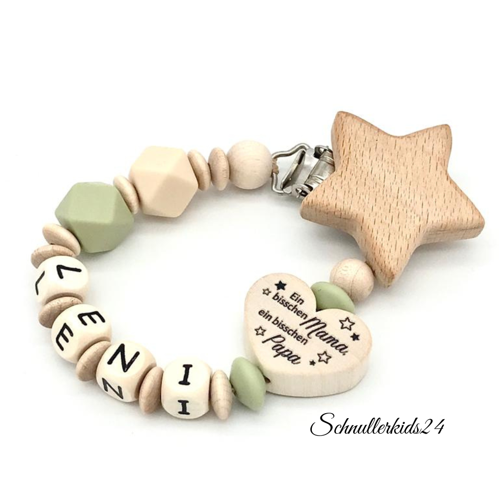 Schnullerkette mit Name Mädchen Herz Mama Papa Wunder Holz Mädchen Junge