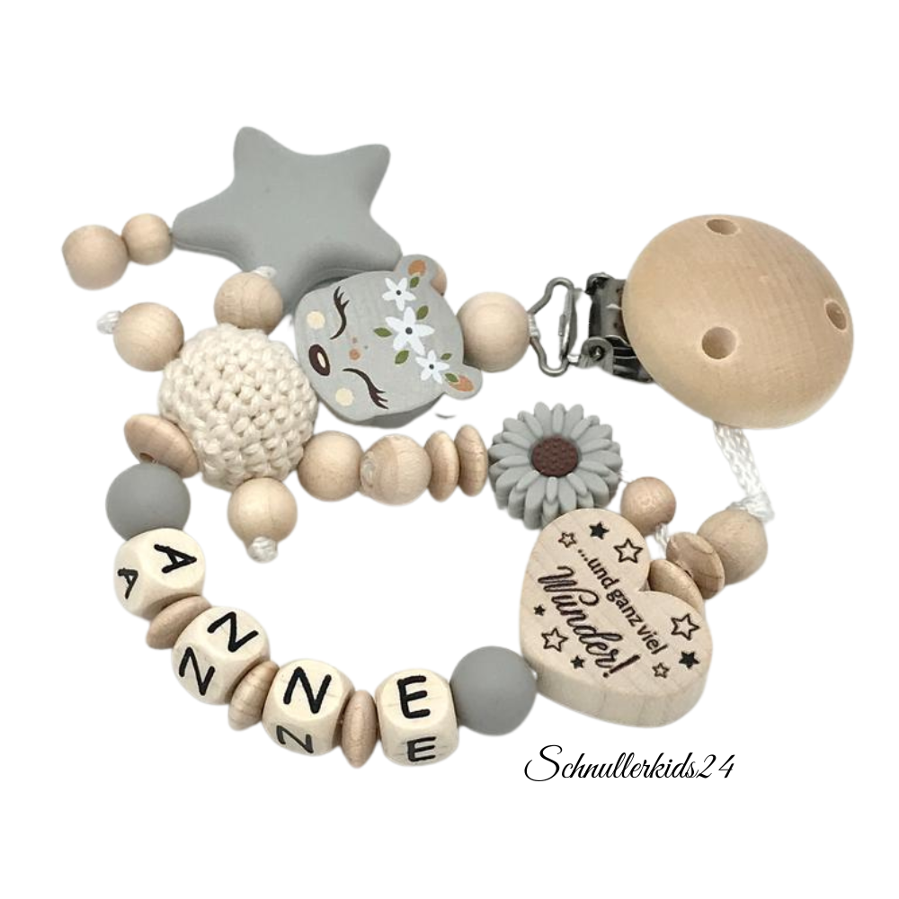 Schnullerkette mit Namen und Reh, Herz Mama und Papa und viel Wunder Schnullerhalter für Mädchen in wunderschöne Farben Geschenk Geburt Baby