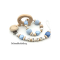 2teiliges Sparset - Schnullerkette + Greifling - Baby Blau/Natur, Hexagon, Häkelperle + Holz Elefant, Geschenk zur Taufe/Geburt