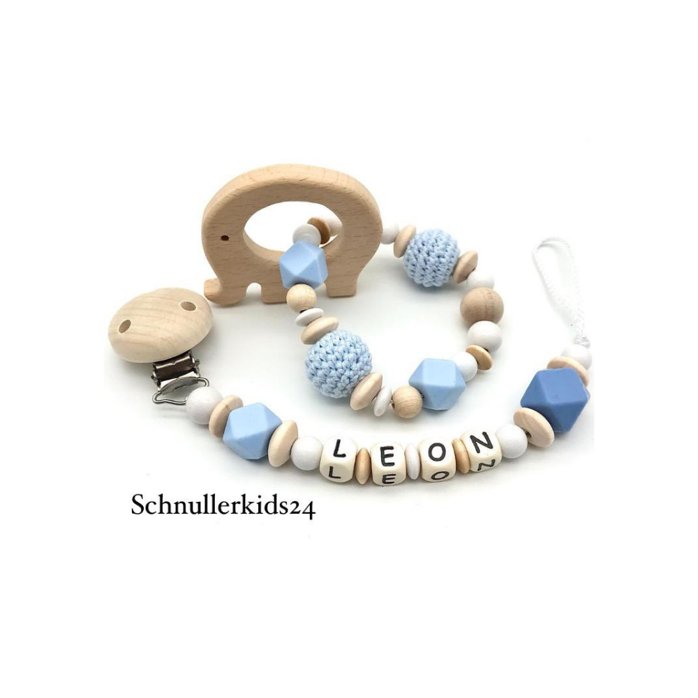 2teiliges Sparset - Schnullerkette + Greifling - Baby Blau/Natur, Hexagon, Häkelperle + Holz Elefant, Geschenk zur Taufe/Geburt