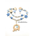 2teiliges Sparset - Schnullerkette + Greifling + Kinderwagenkette - Blau/Natur, Micky Maus, Sterne + Holz Elefant