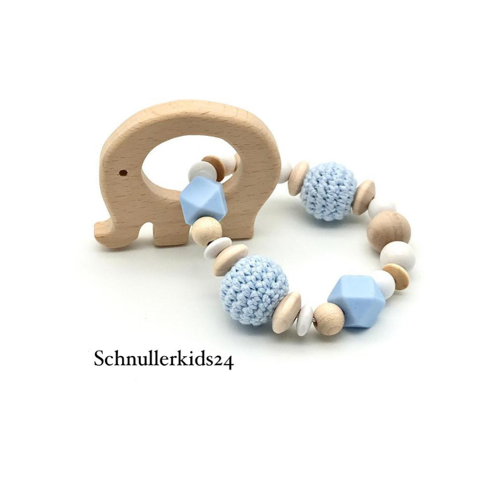 Greifling - Holz Elefant, Natur, Blau + Häkelperle
