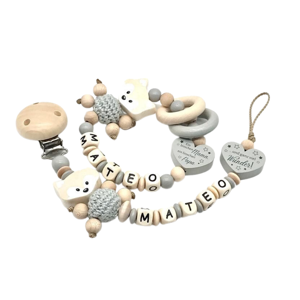 Schnullerkette Greifling und Kinderwagenkette oder als Set Fuchs für Mädchen oder Junge Natur Grau Babygeschenk zur Geburt Taufe Babyparty