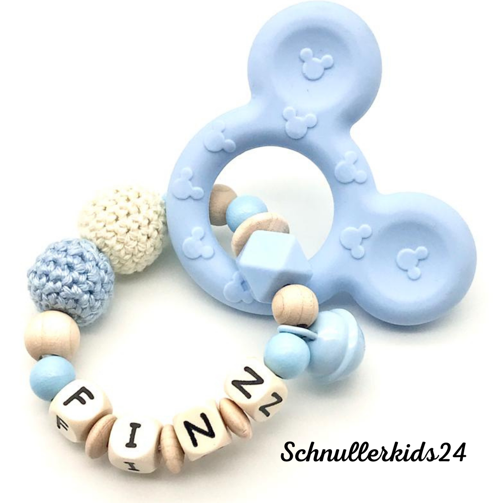 Greifling - Geschenk zur Taufe und Geburt - Silikon Micky Maus & Glöckchen