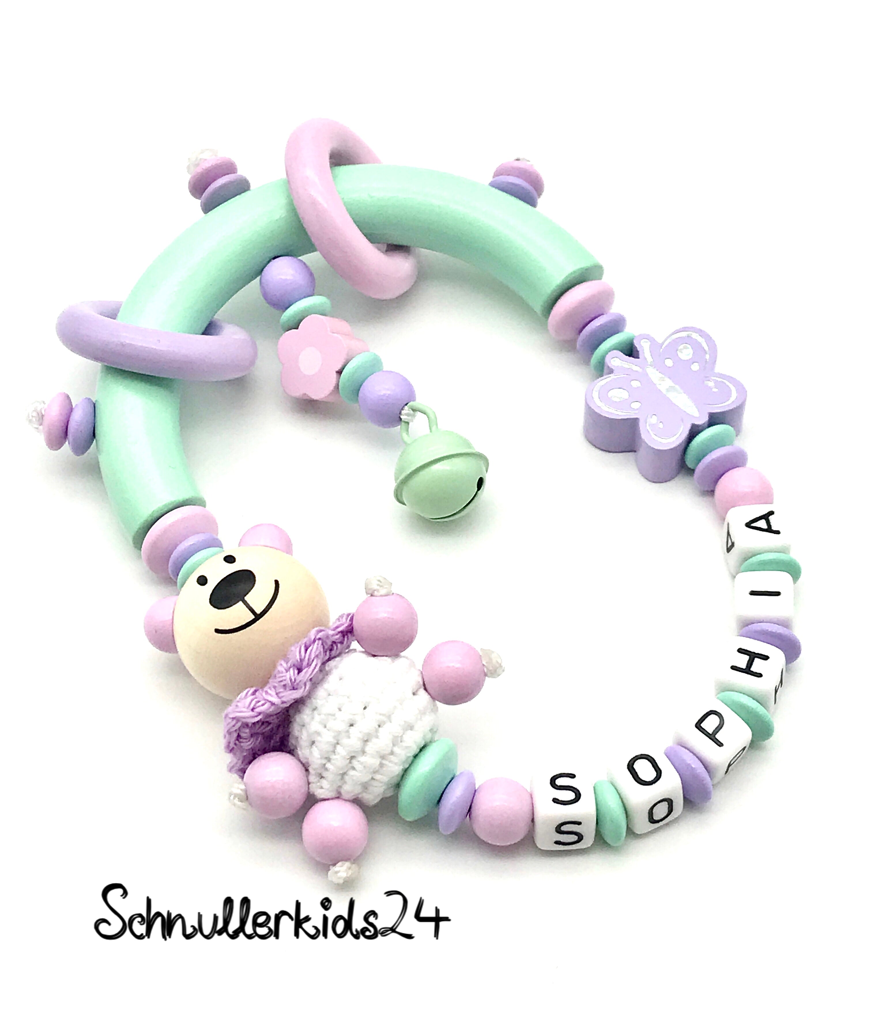 Greifling/Greifring mit Namen - Bär - Mädchen - Babygeschenk zur Geburt, Taufe oder Babyparty
