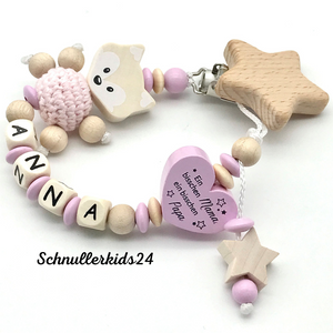 Schnullerkette mit Wunschnamen - In 3 Varianten mit Reh, Fuchs und Bär in rosa & Natur + "Ein bisschen Mama, ein bisschen Papa und ganz viel Wunder"
