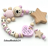 Schnullerkette mit Wunschnamen - In 3 Varianten mit Reh, Fuchs und Bär in rosa & Natur + "Ein bisschen Mama, ein bisschen Papa und ganz viel Wunder"