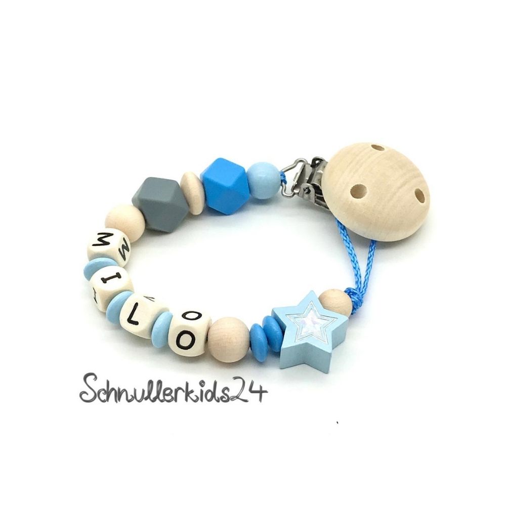 Schnullerkette mit Namen - Blau, Hell Blau, Natur - Junge