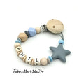 Schnullerkette mit Namen - Grauer Silikonstern + Natur - Junge