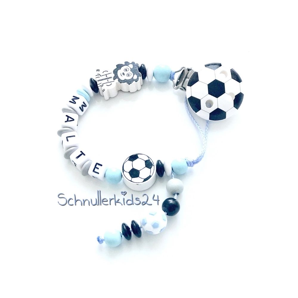 Schnullerkette mit Namen - Fußball + Löwe  - Junge