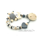 Schnullerkette mit Namen - Holz Fuchs, Grau- Junge